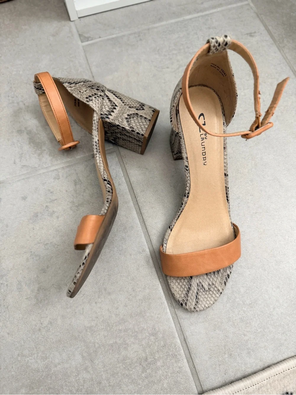 Tan Leather & Snake-Print Block Heel Sandals